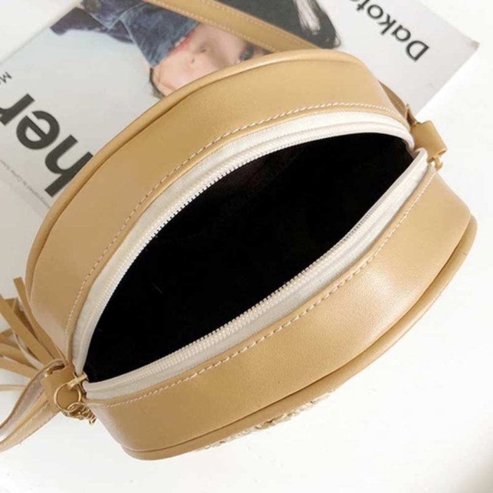 Green Leaf Pattern Straw Pu Circle Bag - image 5